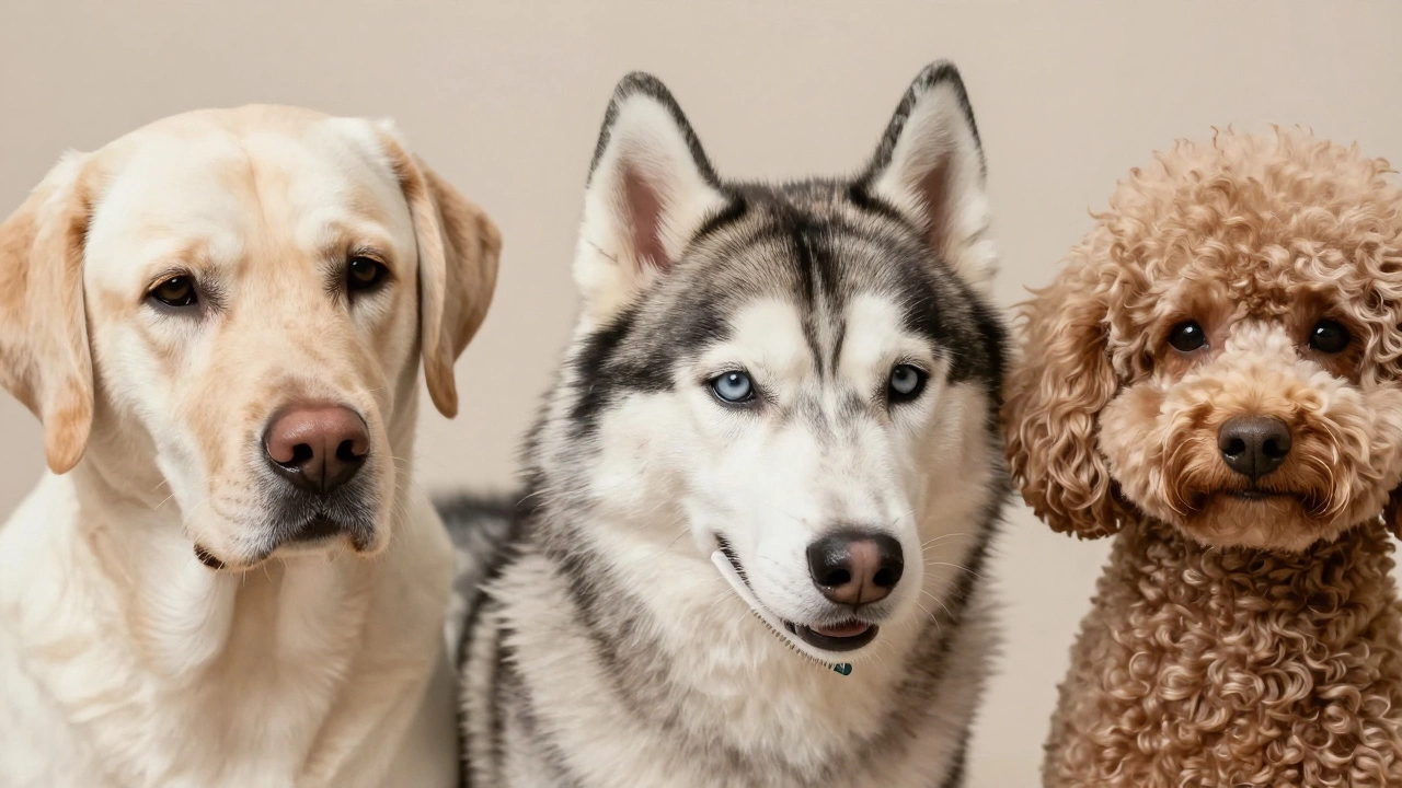 Close-up comparison of short, double, and curly dog coats