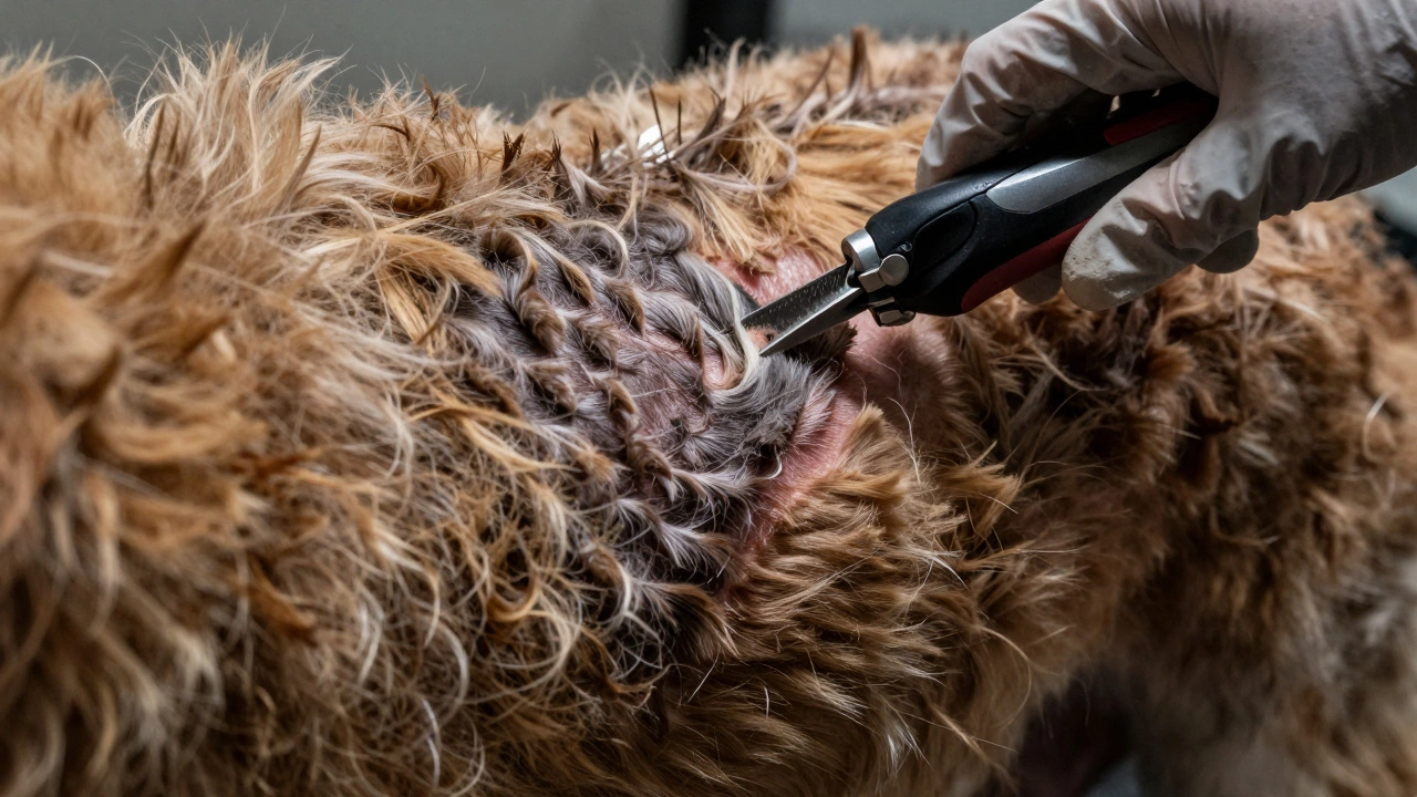 Close-up of clippers removing a dense mat from a dog's skin