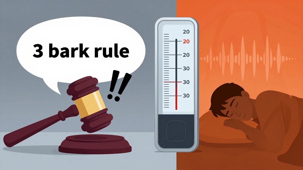 Conceptual art contrasting barking myths with real noise ordinance enforcement