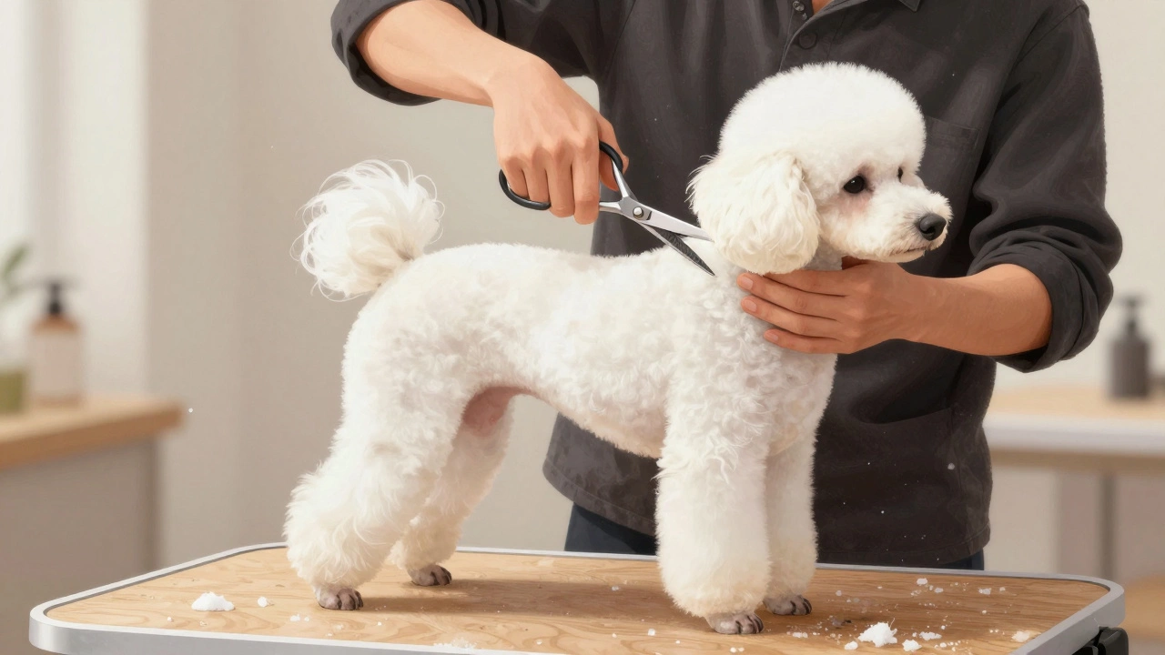 Groomer scissoring a Poodle into a precise breed style