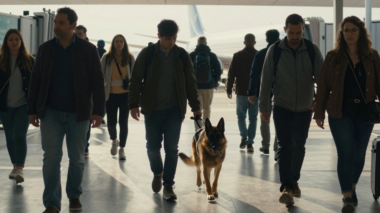 Handler and service dog walking through an airplane boarding gate