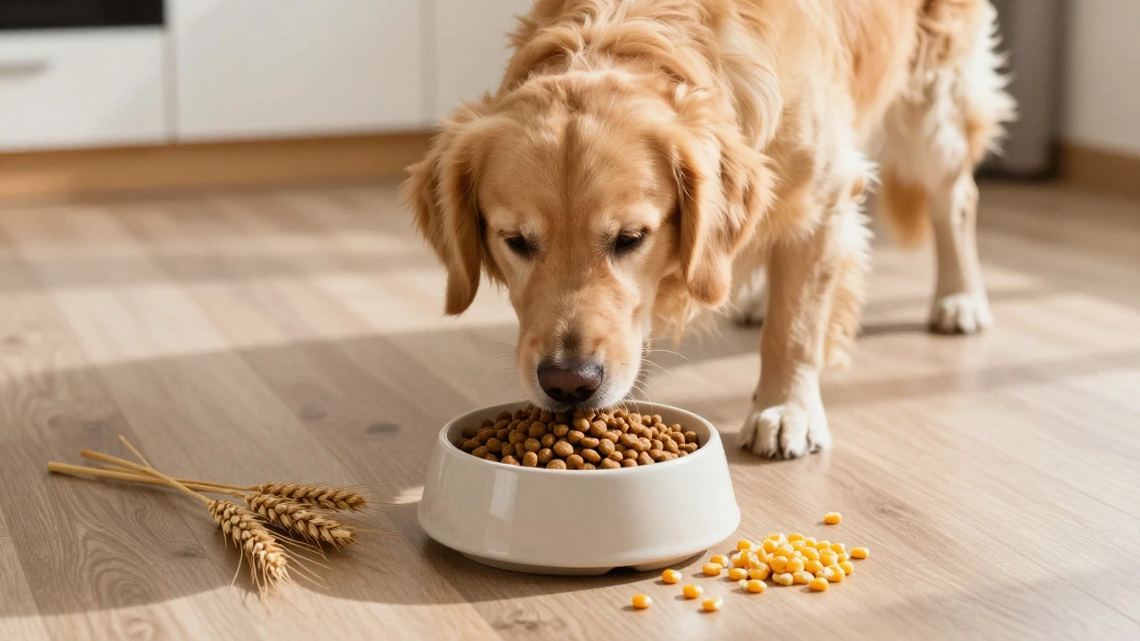Happy dog eating kibble from a bowl in a sunny kitchen