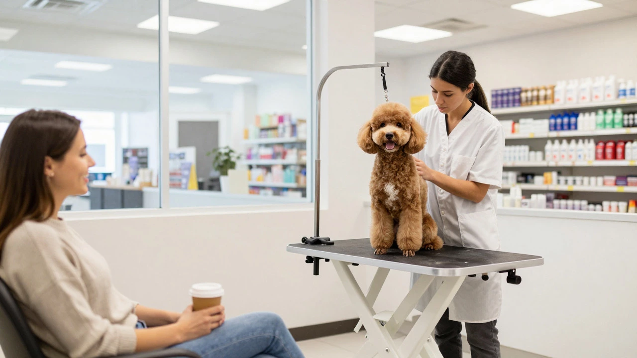 Happy dog receiving professional grooming services inside a PetSmart suite.