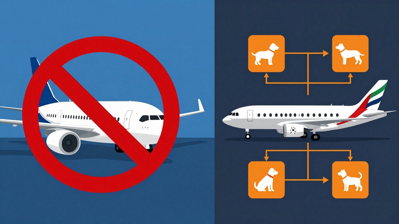 Illustration comparing budget airline pet bans vs cargo policies