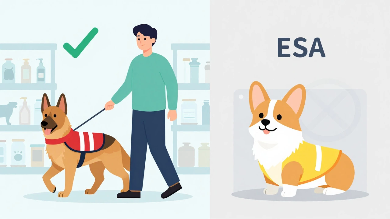 Illustration comparing service dog access vs emotional support animal restrictions.
