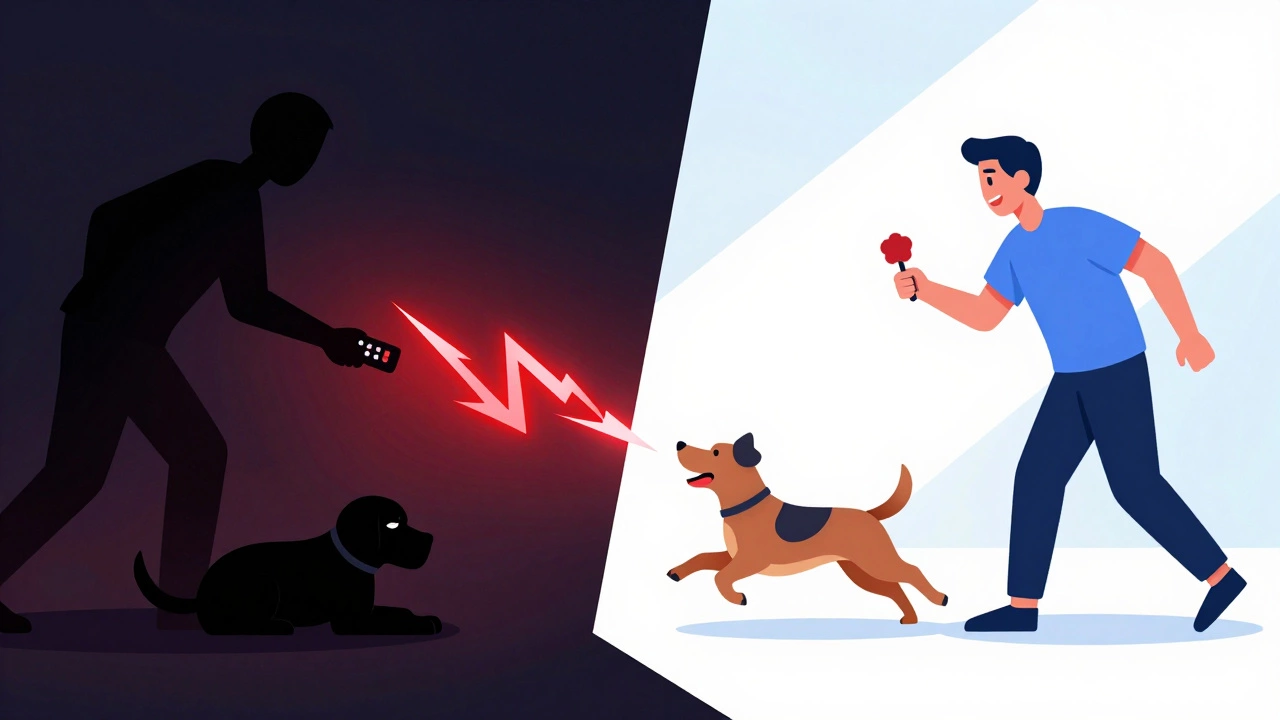 Illustration contrasting fearful dog with shock collar vs happy dog with rewards