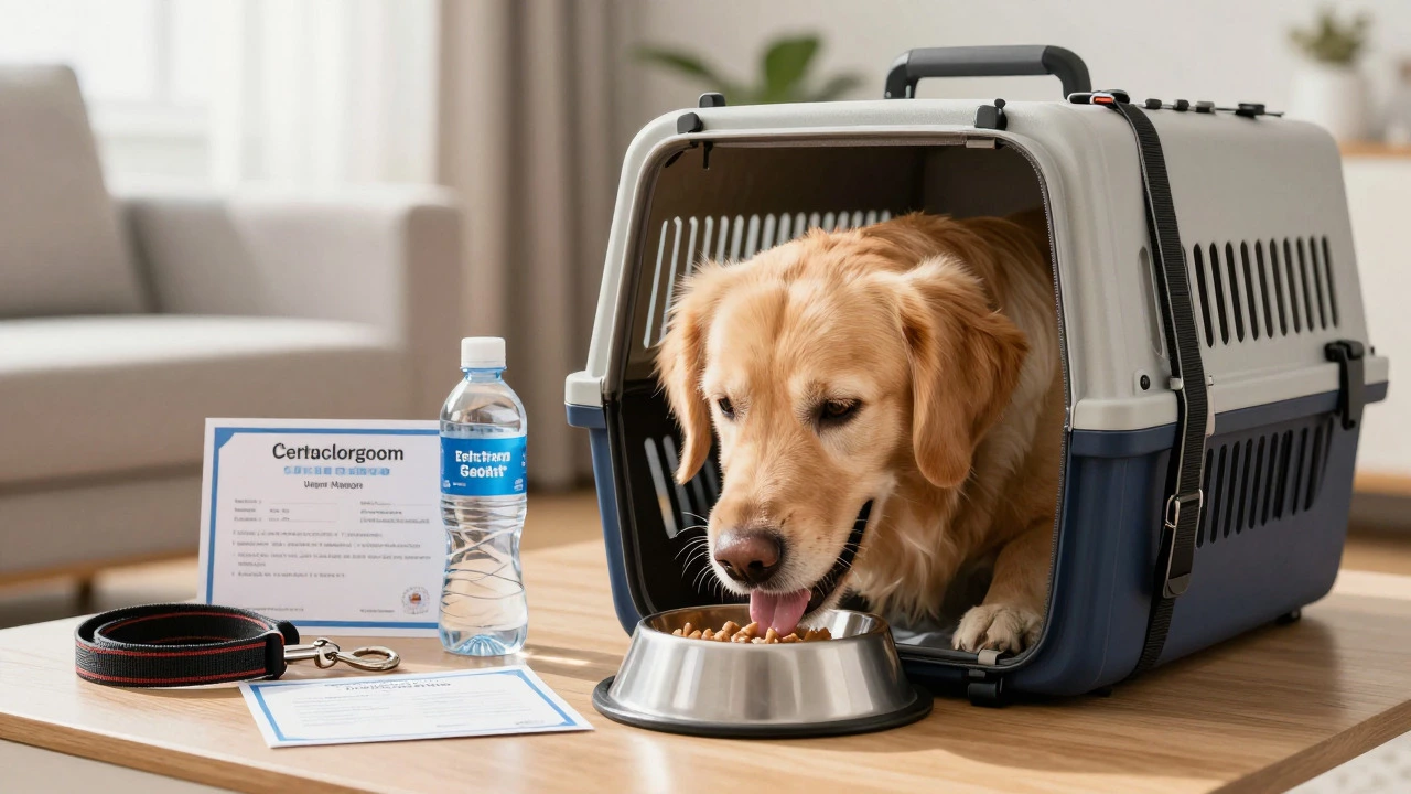 Large dog eating inside a carrier at home as part of flight preparation
