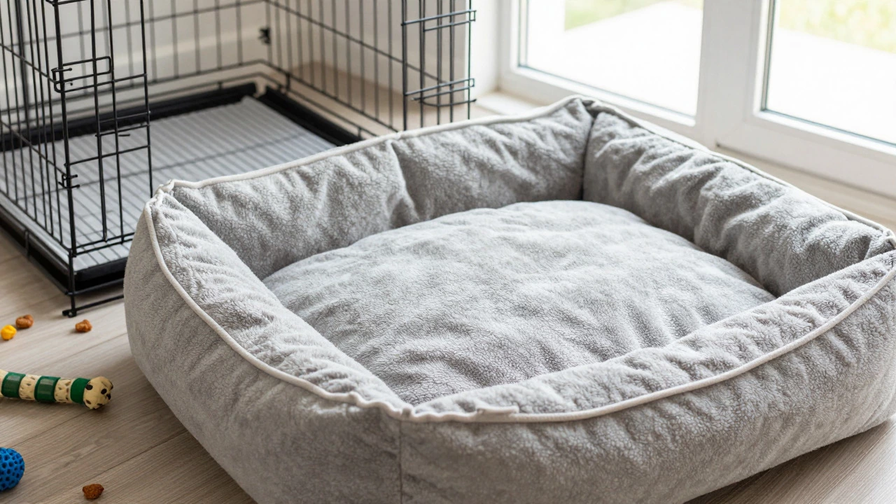 Orthopedic dog bed with treats near open crate