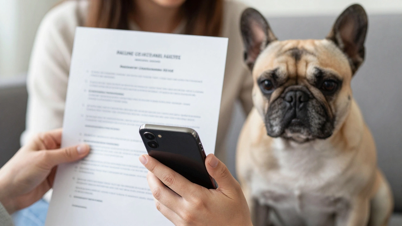 Owner checking travel documents with a bulldog nearby