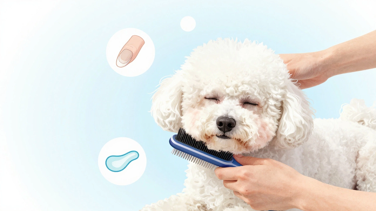 Owner gently brushing a relaxed Bichon Frise