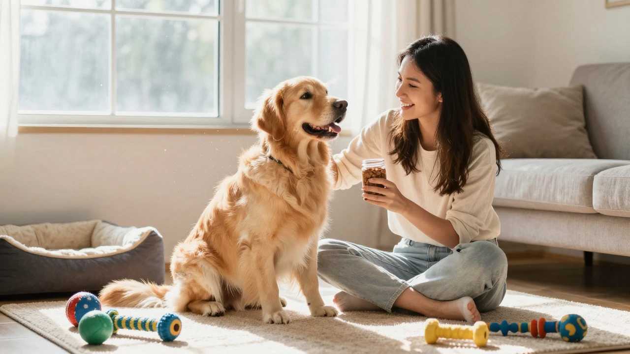 Owner rewarding calm dog with treats during positive reinforcement training