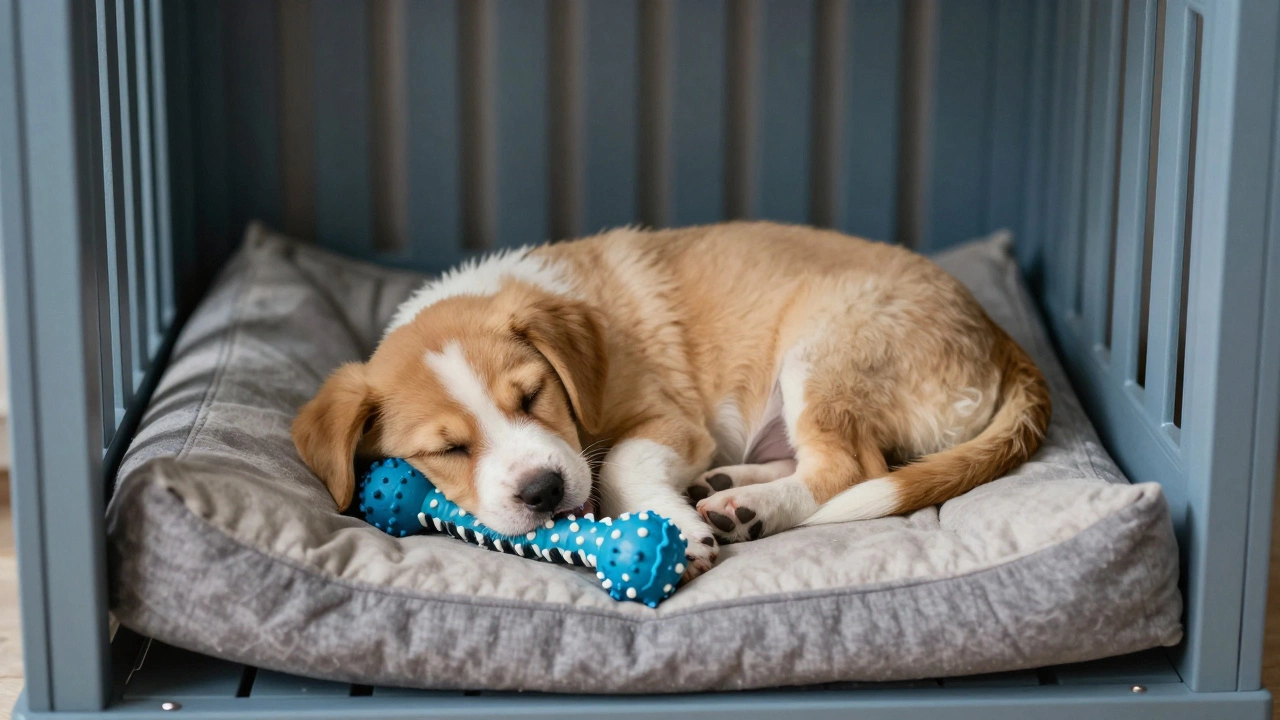 Puppy sleeping peacefully in a crate next to a frozen chew toy