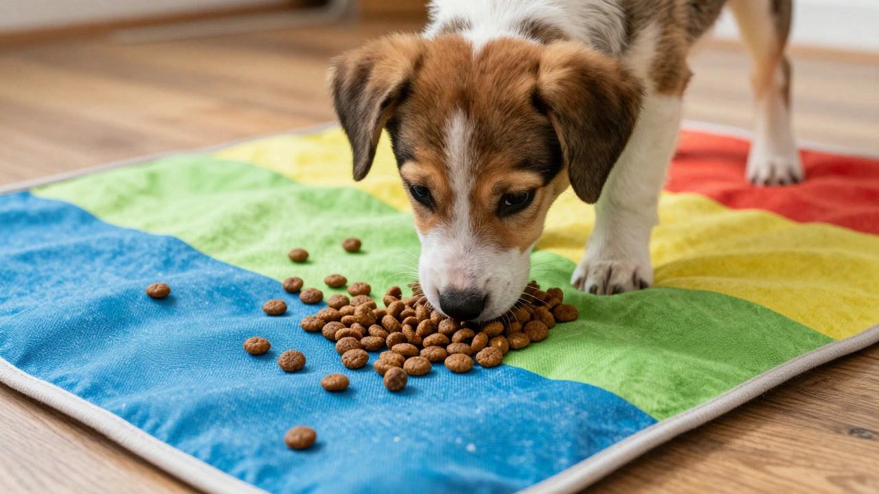 Puppy sniffing for treats in a colorful snuffle mat on the floor