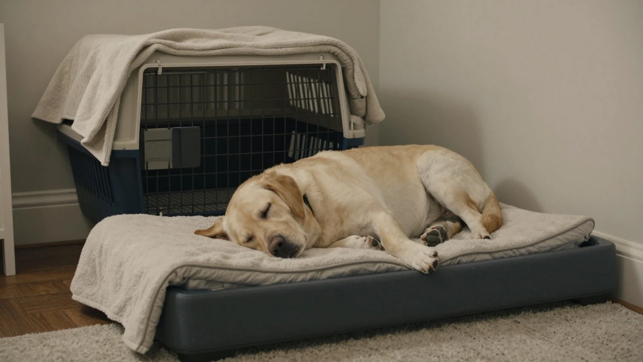 Relaxed dog sleeping on bed near empty crate