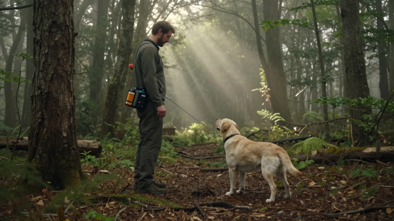 Trainer guiding Labrador in forest using humane recall methods