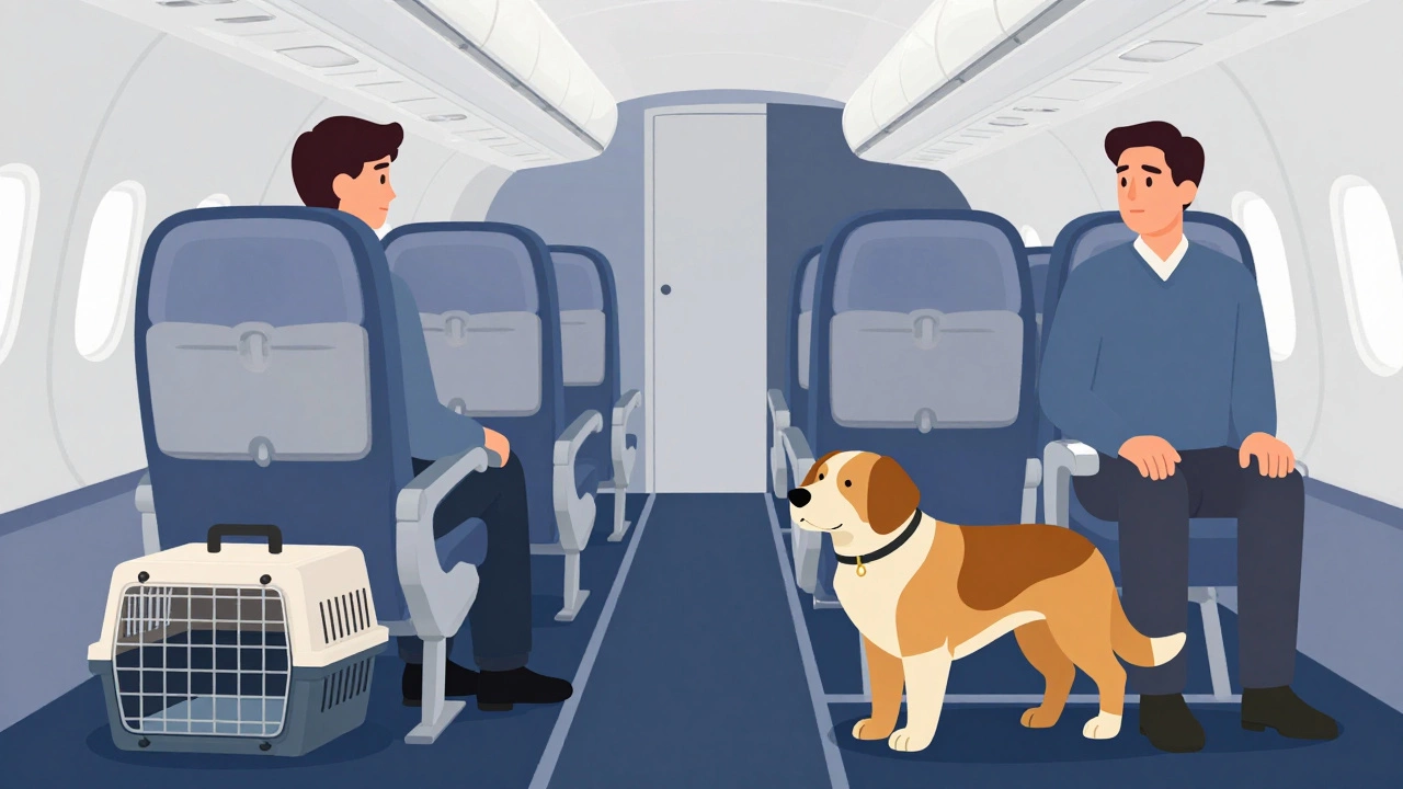 Vector illustration comparing a crated pet and a service dog in an airplane cabin