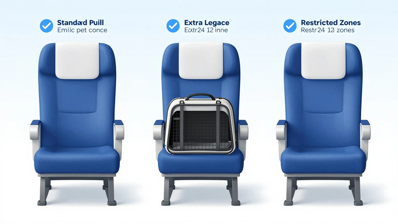 Visual comparison of airline seating options for different sized pet carriers
