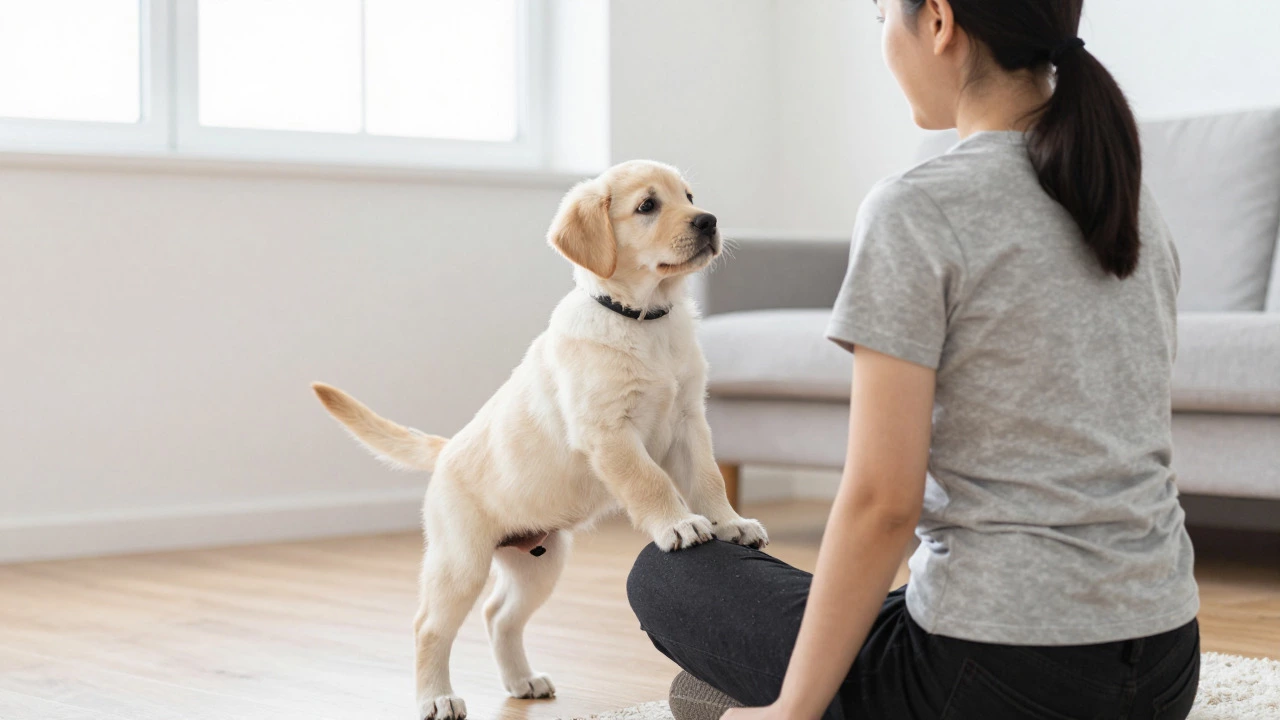 A puppy jumping up while an owner turns away to teach impulse control