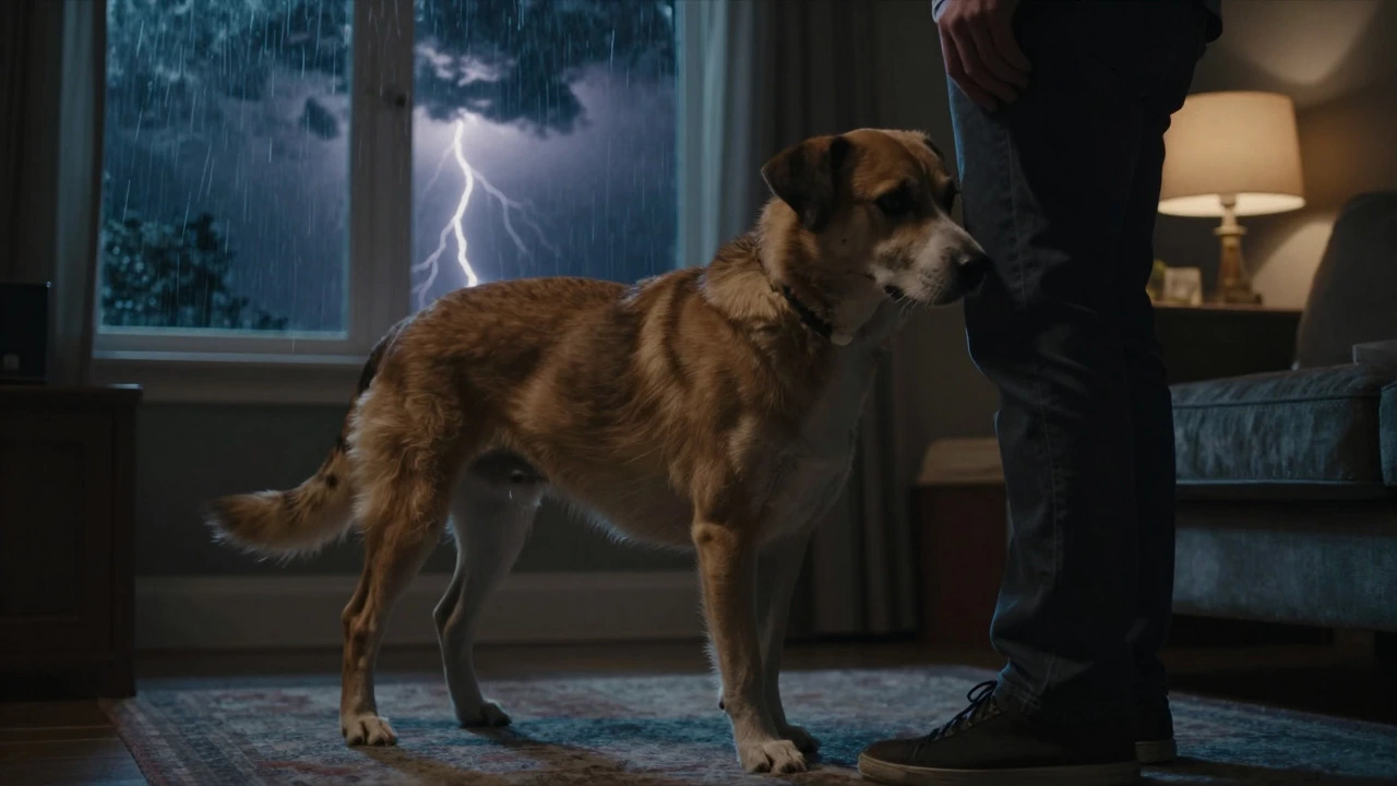 An anxious dog pressing its paw against a person's leg during a storm