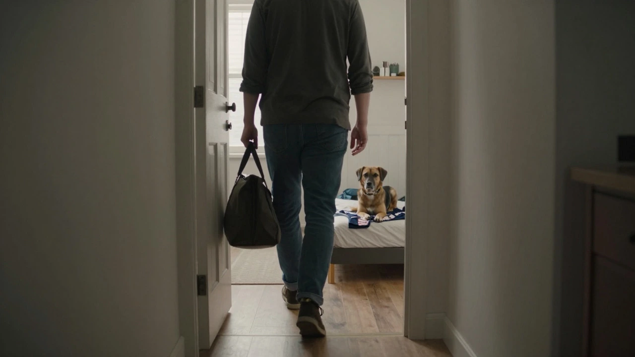 An owner leaving the house calmly while a dog rests comfortably inside