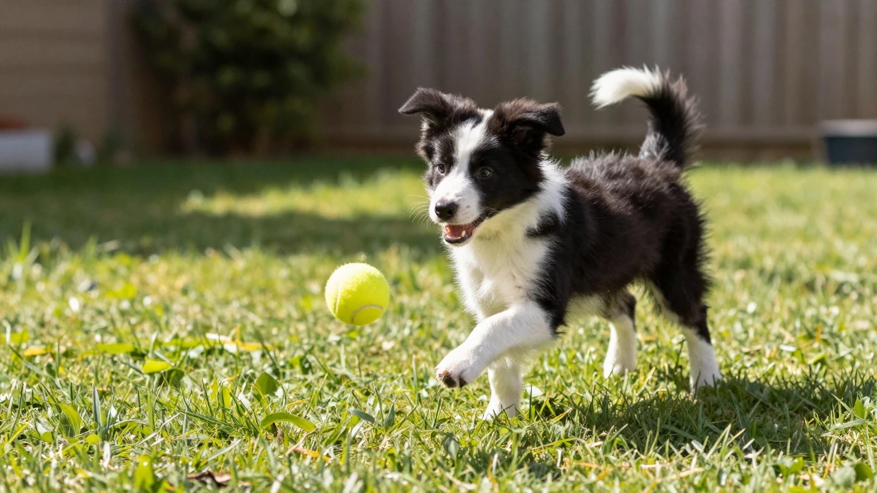 Border Collie puppy catching a foam ball