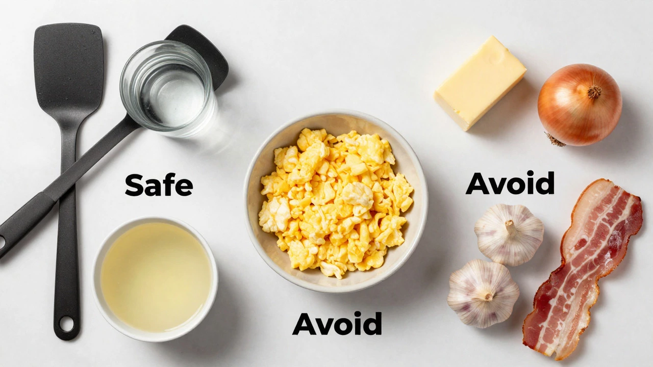 Bowl of plain scrambled eggs with safe and unsafe ingredients