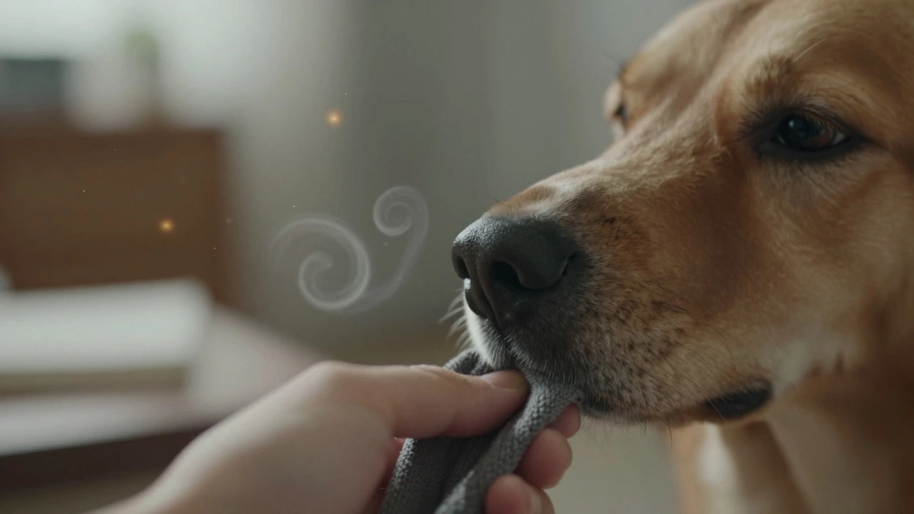 Close-up of a dog sniffing a person's hand to detect scent changes
