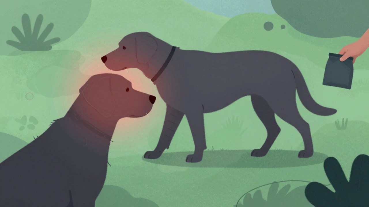 Conceptual art showing dog stress vs. calm during positive reinforcement training