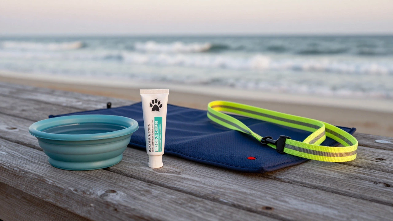 Dog travel essentials like water bowl and leash on a boardwalk bench