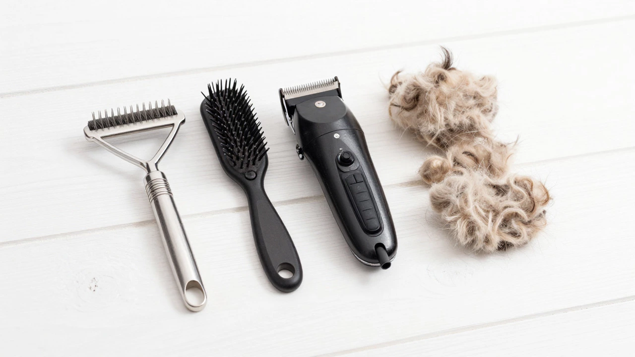 Grooming tools like rakes and brushes next to shed fur on a white table