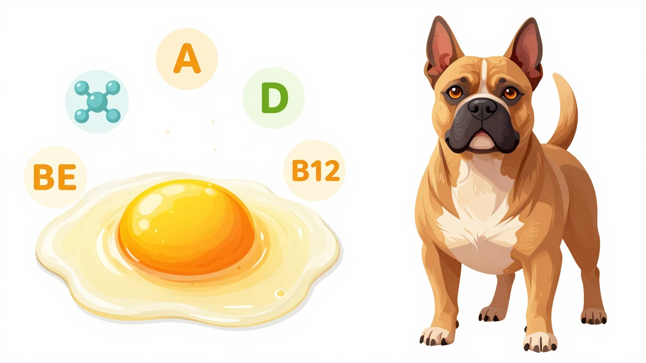 Illustration of egg nutrients and a healthy dog
