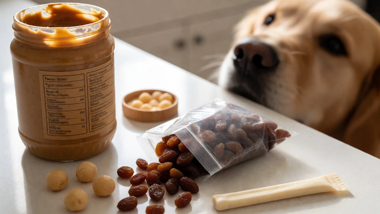 Kitchen counter with peanut butter, raisins, and gum near a curious dog