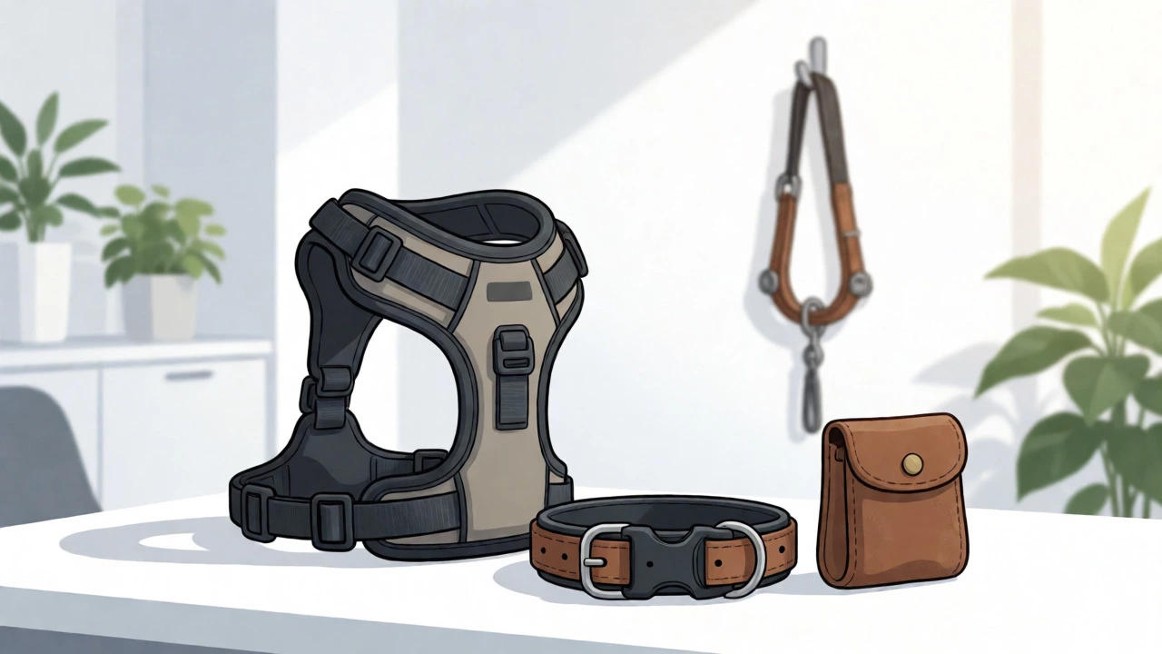 Modern dog training tools including a harness and prong collar in a clinical setting.
