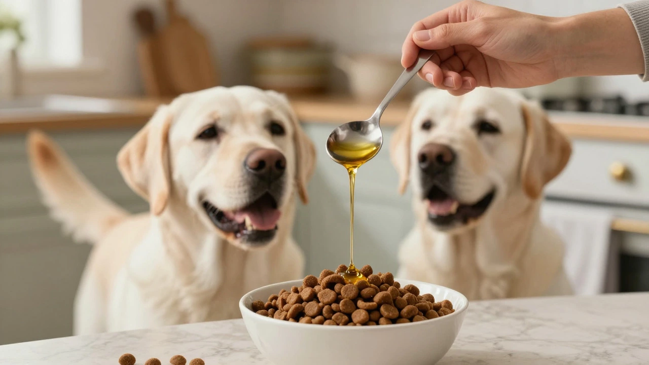 Owner adding fish oil to dog food while a happy senior dog watches