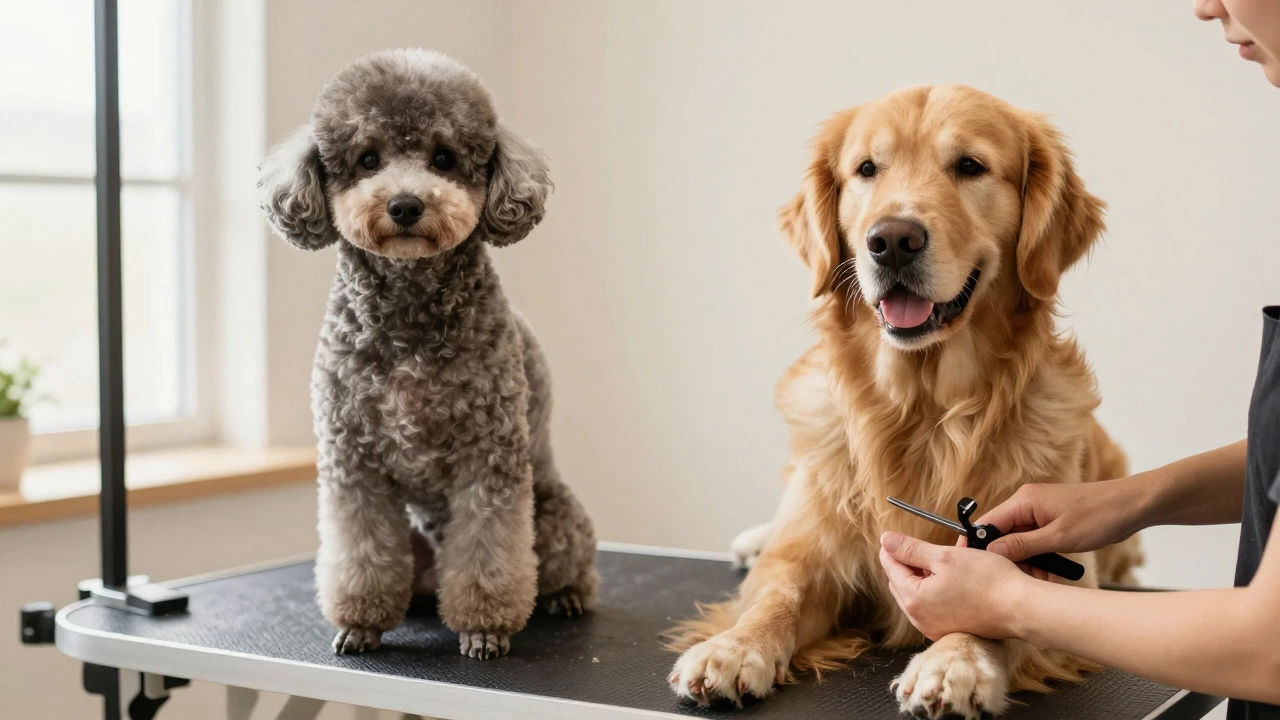 Poodle with fresh haircut and Golden Retriever being gently groomed