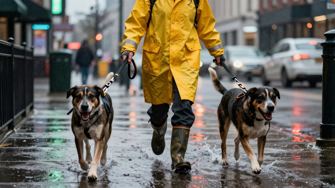 Rainy city street scene of a dog walker in a yellow raincoat with dogs