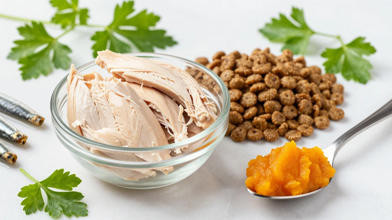 Shredded chicken, sardines, and pumpkin puree next to dry cat food