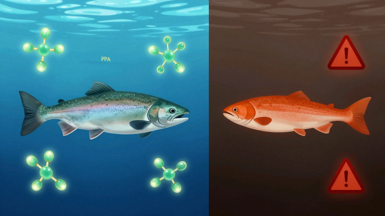 Split image comparing healthy salmon with omega-3s against risky cod liver