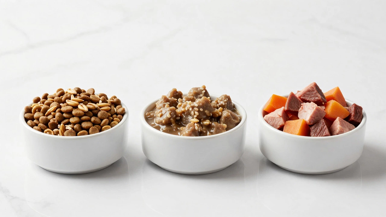 Three bowls displaying different dog food formats: kibble, wet, and fresh