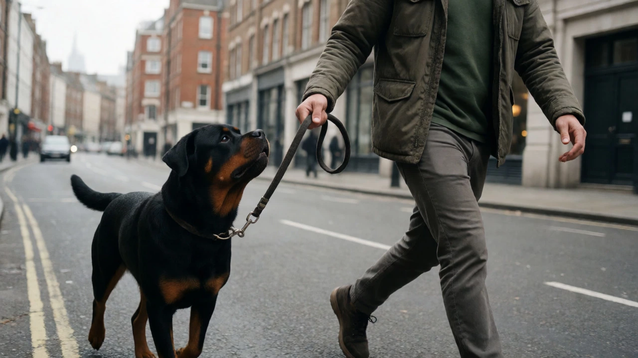 Trainer walking a Rottweiler in London, demonstrating proper leash handling techniques.