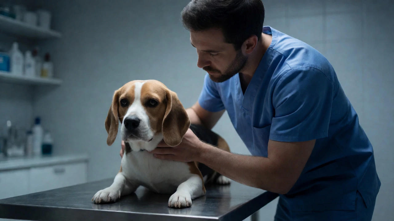 Veterinarian examining a nervous beagle in a clinical exam room