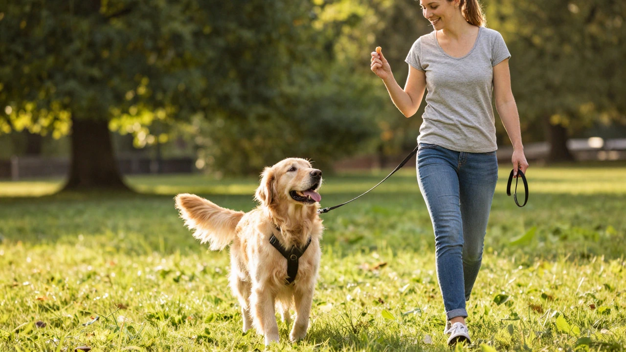Woman walking a happy Golden Retriever in a park using positive reinforcement