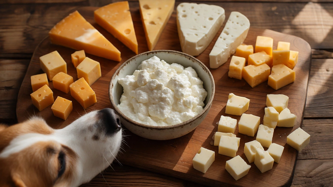 Assorted cheeses including cottage cheese and cheddar arranged on a wooden table