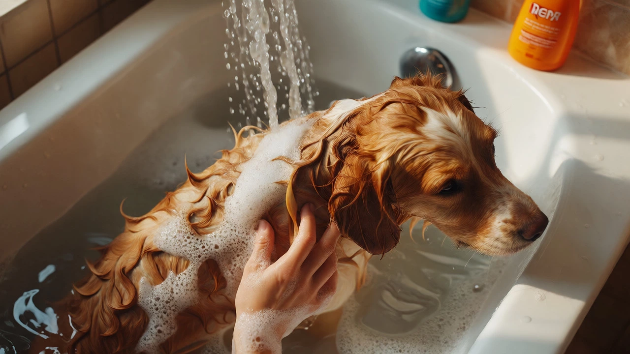 Dog being bathed with lukewarm water and soap in a bathtub