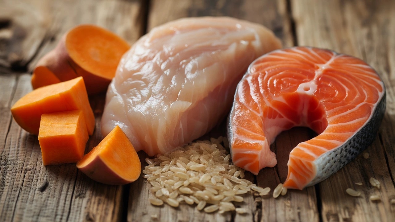Fresh chicken, salmon, sweet potatoes, and rice on wood