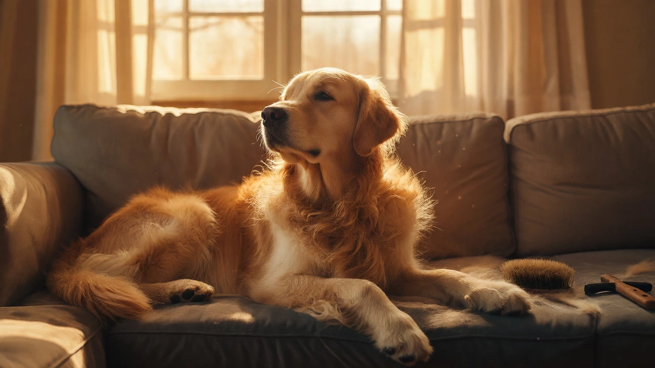 Golden Retriever shedding on a sofa with grooming tools nearby