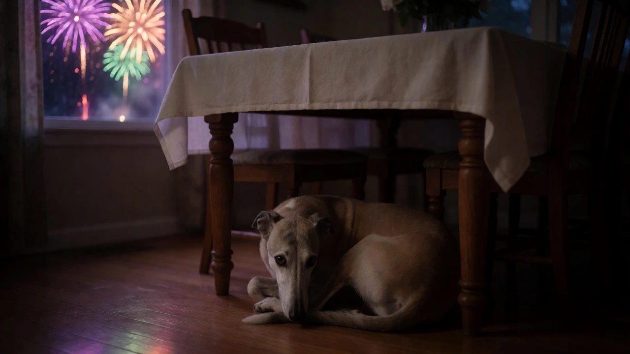 Greyhound hiding under a table during fireworks