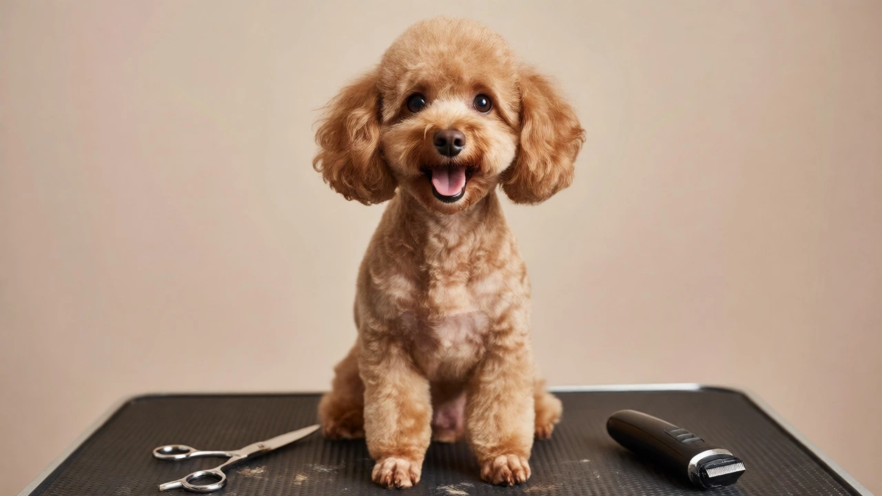 Happy, freshly groomed Poodle sitting on a grooming table