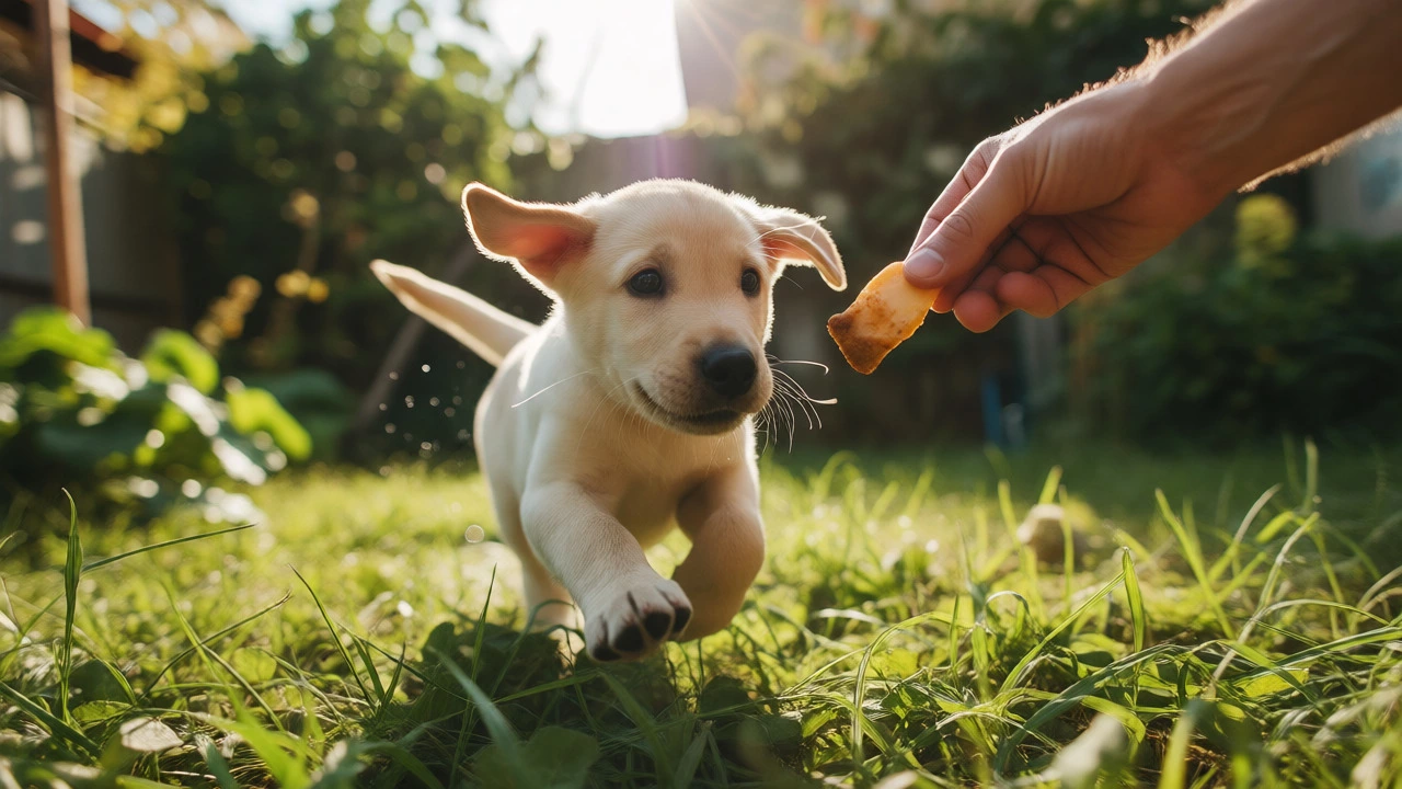 Happy puppy running towards a treat held by a hand in a sunny garden setting.
