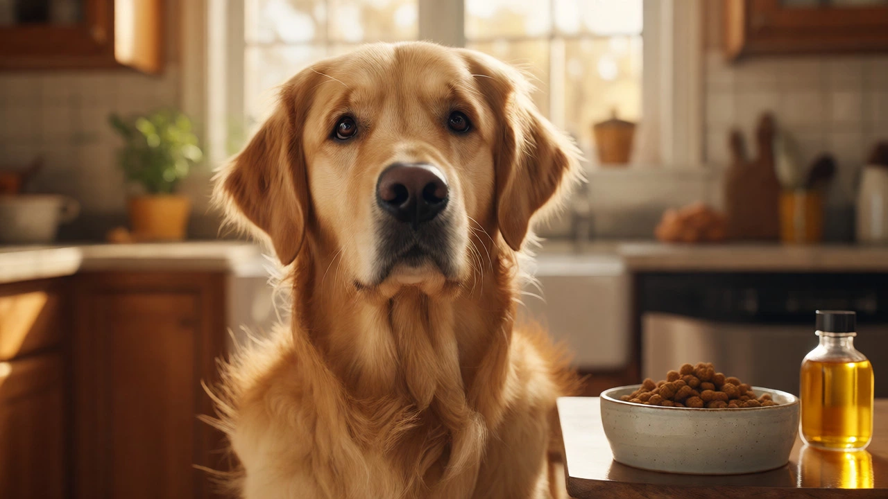 Healthy Golden Retriever with shiny coat near food bowl